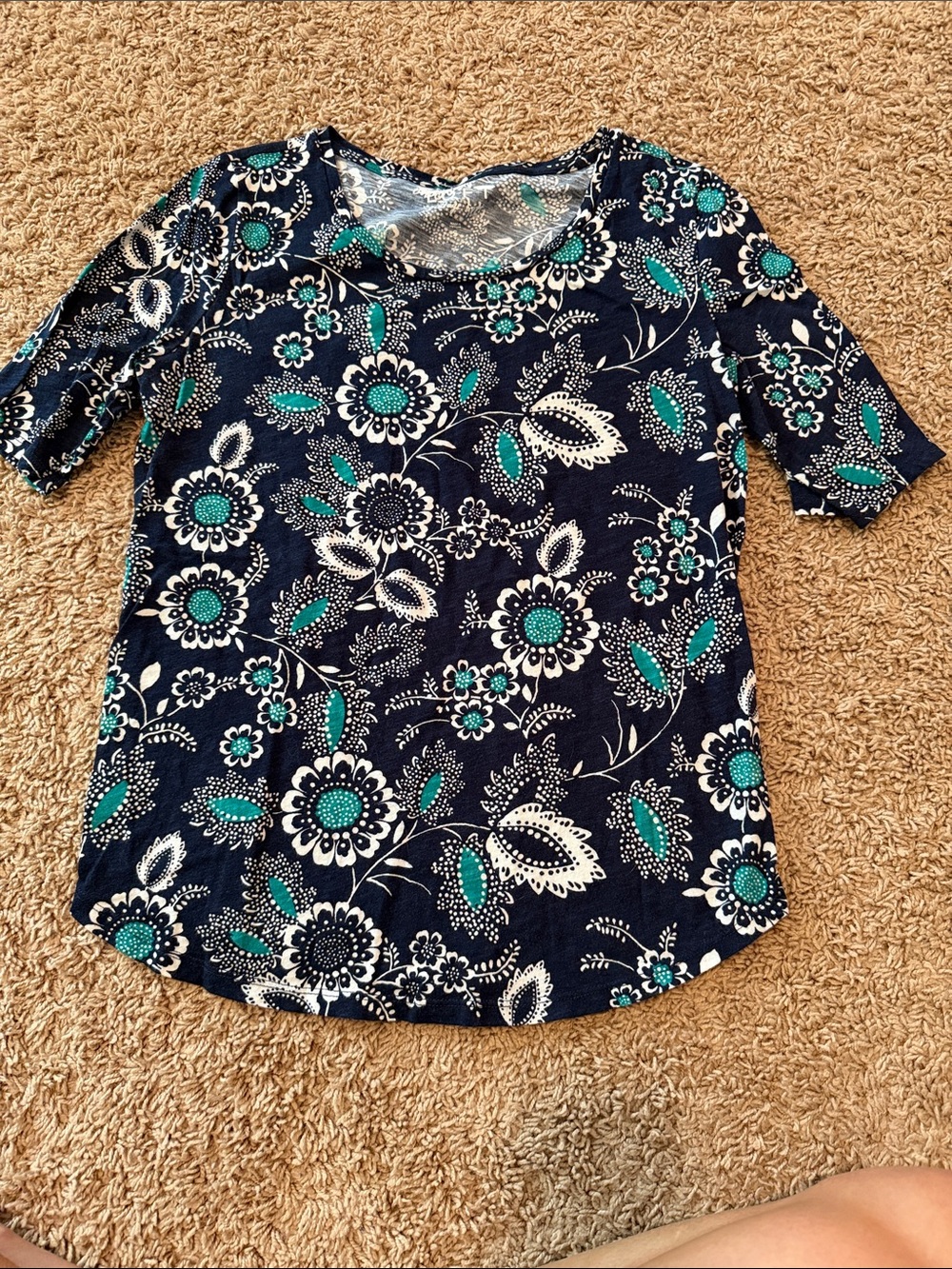 LOFT Navy Floral Scoop Neck Top with Teal & White Accents